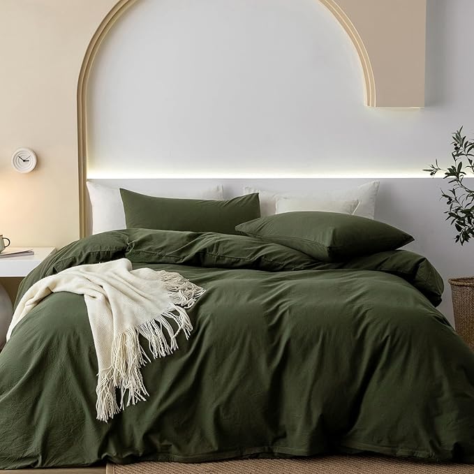 JIYUAN 100% Washed Cotton Duvet Cover Set 3 Pieces Queen, 1 Duvet Cover 90x90 Inches(Comforter Not Included) and 2 Pillowcases,Linen Feel Bedding Set Comfy and Breathable,Olive Green