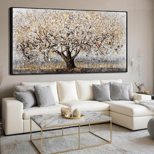 Gold Foil Canvas Wall Art Flower Wall Decor Plant Photo Prints Landscape Wall Decorations 29"x58" Large Artwork for Living Room Office