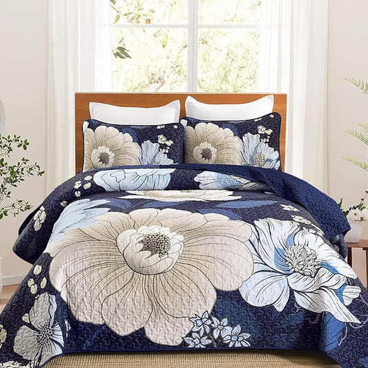 Dintszyayue Blue Quilt Set King, 3 Pieces Floral Bedspreads Lightweight Coverlet Set for All Seasons, Reversible Quilted Printed Bedding Set with 2 Pillow Shams