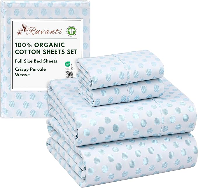 RUVANTI 100% Organic Cotton Sheets Full Size, Percale Weave, GOTS Certified, 4-Piece Set, Deep Pocket 15", Crisp & Breathable, Soft Durable Bedding, Sábanas Algodón Orgánico – Circle Imprint