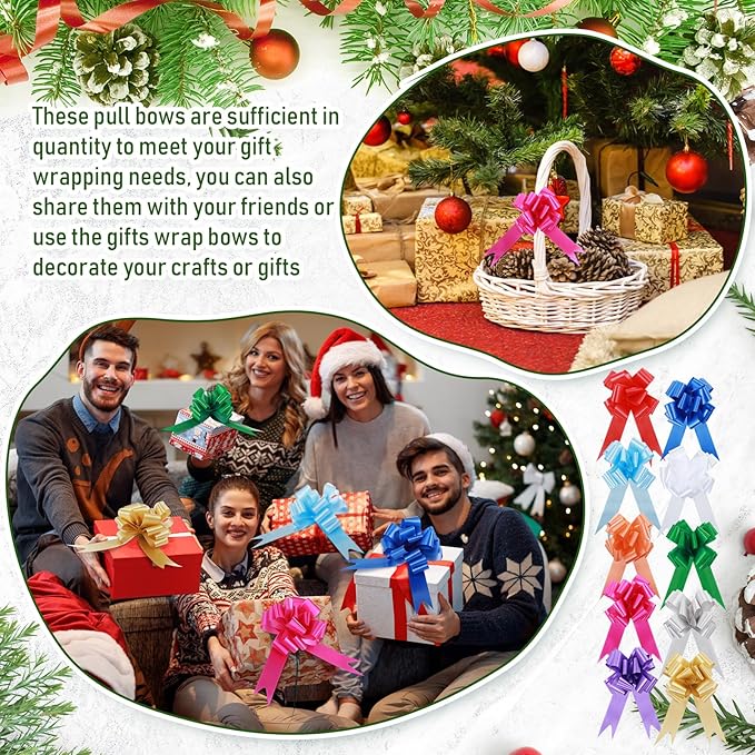 100 Pcs 5 Inch Christmas Pull Bows for Gift Wrapping, Gift Wrapping Pull Bows with Ribbon for Christmas Presents Wedding Decor Basket Bag Holiday Decor(Multicolor)