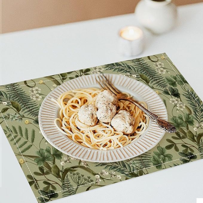 Retro Plant Placemats Set of 8, 17x12 Inch Green Leaves Retro Elegant Nature Plant Aesthetic Table Mats for Home Party Kitchen Dining Decor