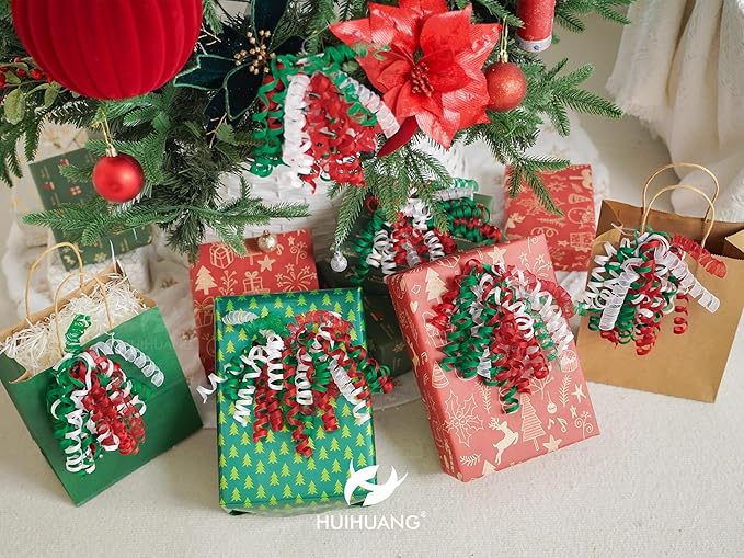 HUIHUANG Christmas Bows for Gift Wrapping Red/White/Green Curly Bows with Self Adhesive & Twist Tie, 7 inch X-mas Ribbon Bow for Presents, Gift Basket, Fall Decor, Party Favors- 6 Counts