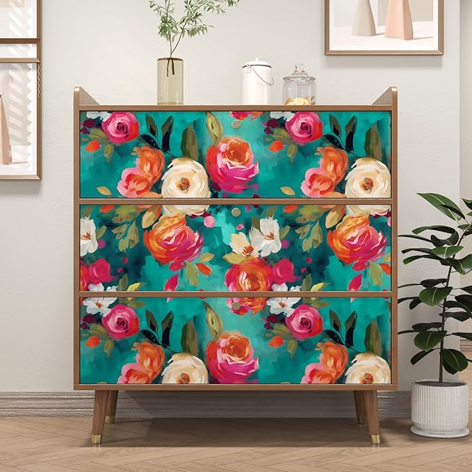 Watercolour Floral Peel and Stick Wallpaper Boho Vibrant Contact Paper Renter Friendly Wall Paper for Living Room Bedroom Drawer Cabinet Removable 17.5 x 78.5In