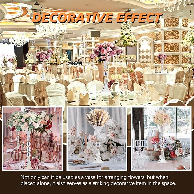 VIJIV Crystal Acrylic Trumpet Vase for Wedding Centerpieces & Home Decor - 21.7" Clear Flower Stand with Ribbed Texture, Gold Accents, Table/Floor Vase for Events, Bridal Showers & Boho Weddings