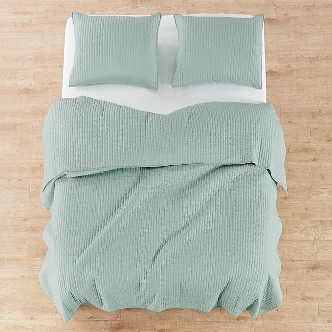 Levtex Home Cross Stitch Reversible Twin Bedspread Set (84x104in) with 1 Pillow Sham (26x20in) - Stitch Texture - Blue Haze - Cotton Twin Size Bedspread Set - Lightweight, Soft, Pre-Washed