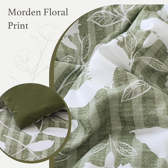 Queen Comforter Set -7 Pieces Botanical Olive Green Comforter for All Seasons, Bed in a Bag Queen with Flowers Floral Comforter, Sheets, Pillowcases & Shams