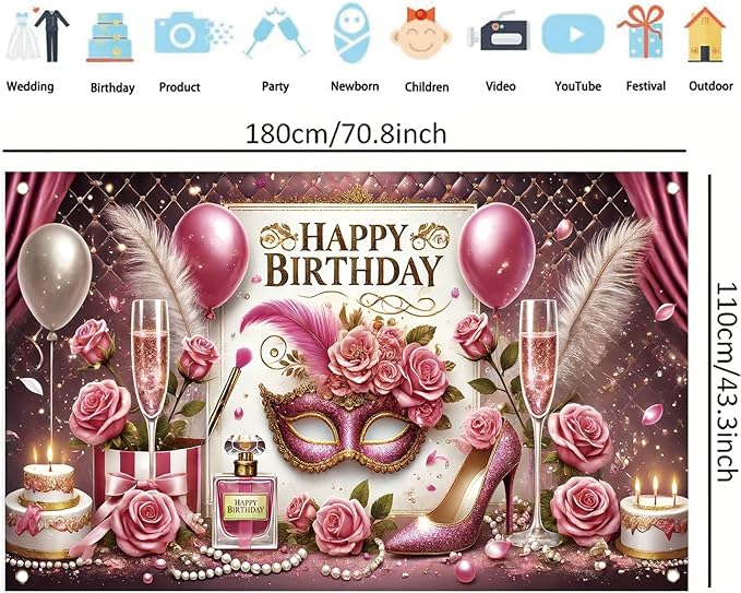 High Heel Birthday Party Backdrop, Glamorous Pink Gold High Heel Shoe Glitters, Polyester Fabric, Ideal for Women's Birthday Parties