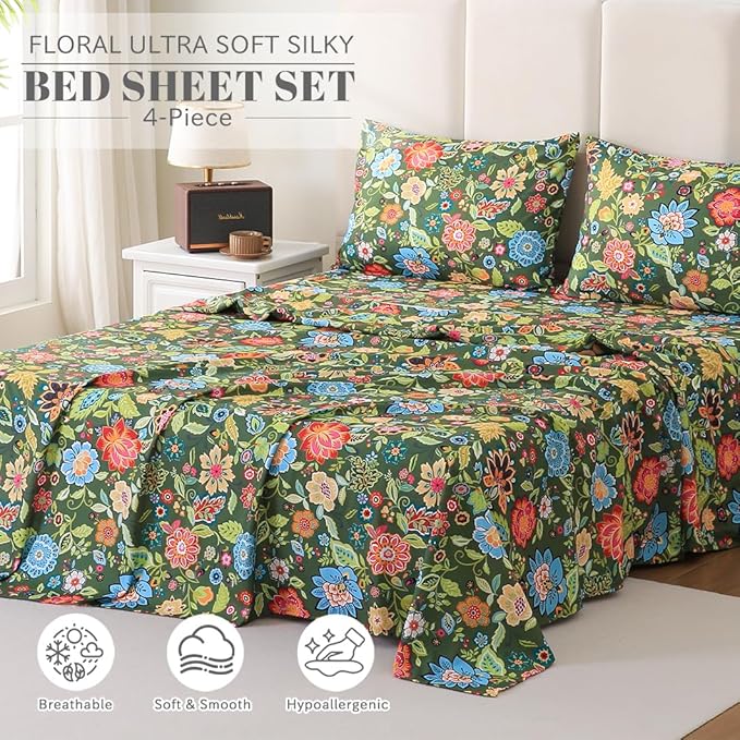 Bedlifes King Sheet Set Ultra Soft, Breathable, Silky Flower Deep Pocket 100% Microfiber Bedding, 4 Piece King Size with Floral Dark Green
