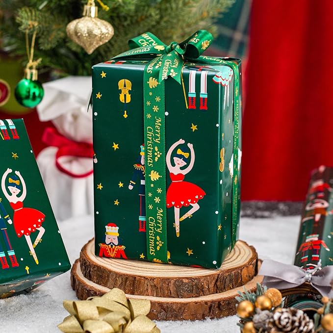 MAYPLUSS Christmas Wrapping Paper Roll - 17 Inch X 33 Feet - Vintage Metallic Foil Green and Gold Nutcracker Ballet Holiday Present Gift Wrap Paper for Christmas, Party, Winter Festive Celebrations