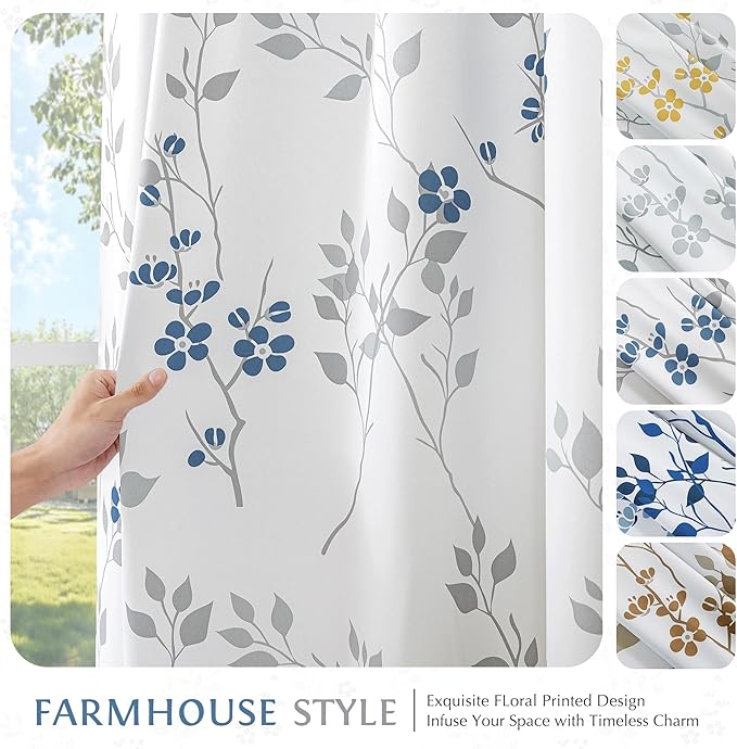 Beauoop Floral 100% Blackout Curtains 54 Inch Length 2 Panels for Bedroom Living Room Blue Grey and White Flower Patterned Room Darkening Thermal Soundproof Grommet Window Treatments Drapes, 52X54