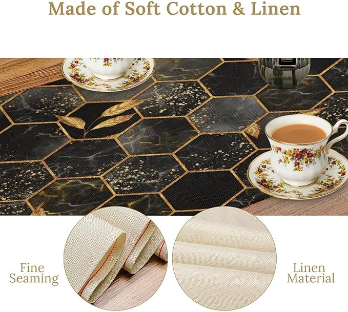 Black Grey Marble Table Runner Marble Hexagon Texture Golden Leaves Abstract Seasonal Dinner Runner Table Decoration for Farmhouse Home Kitchen Dining Holiday Party 13x90in