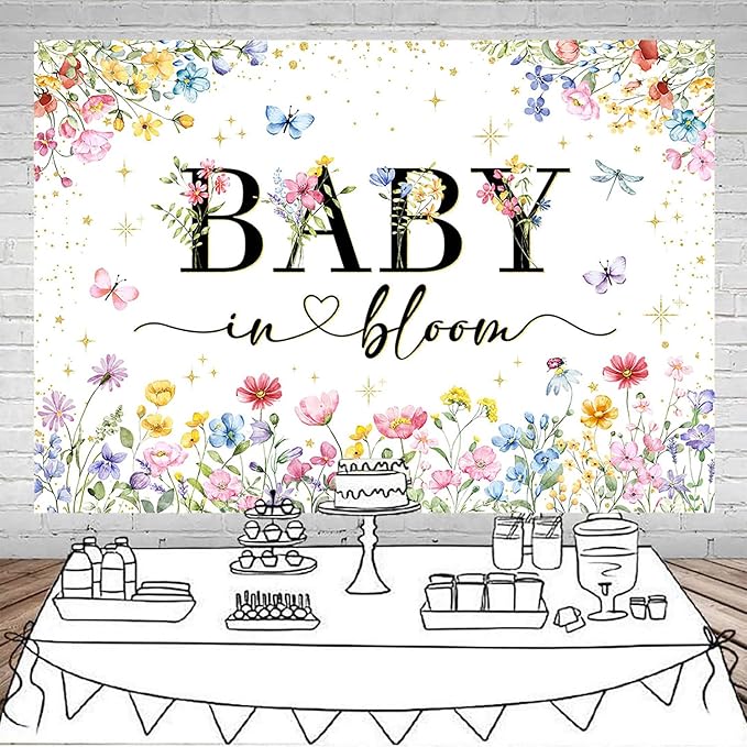 Mocsicka Baby in Bloom Backdrop Banner Wildflower Backdrop Decorations for Baby Shower 7x5ft Girls Floral Golden Dot A Little Wildflower is On The Way Baby Shower Decorations Banner