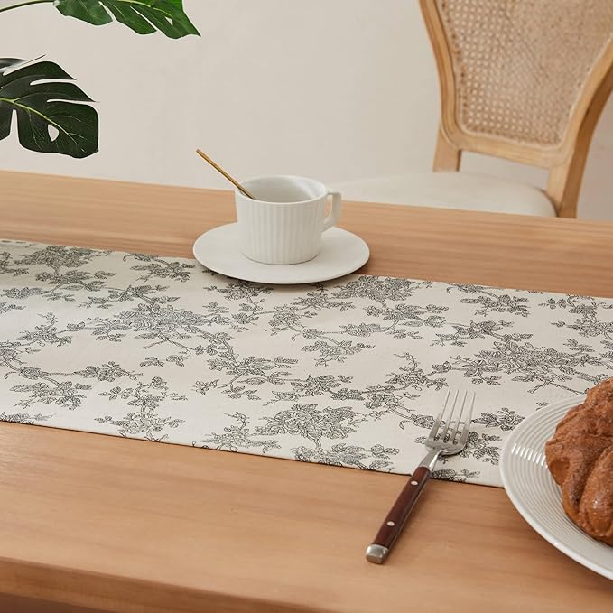 100% Cotton French Pastoral Table Runners, 13x90 Inch Black Farmhouse Table Runners 90 Inches Long, Vintage Flowers Print Home Decors