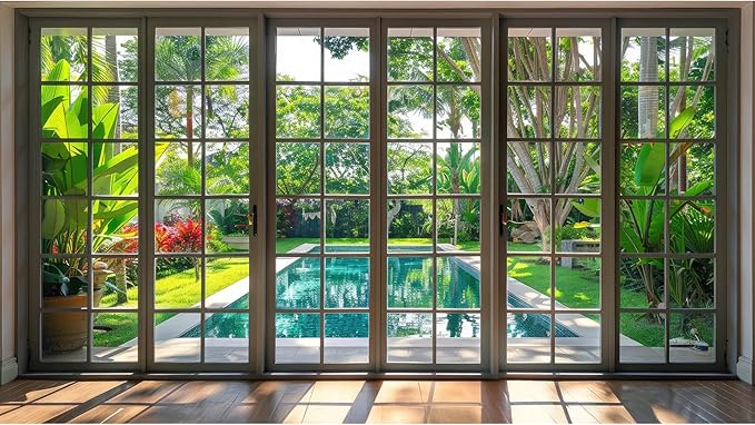 Window Scenery Photography Backdrop Windowsill Backyard with Pool and Garden Background Tropical Plants Photocall Background Party Banner Wall Decor Baby Kids Family Photo Shoot Props 8x6ft