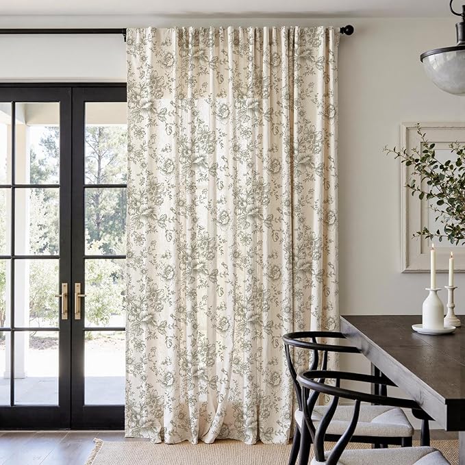 jinachan Linen Floral Curtains Extra Wide for Patio Sliding Glass Door Room Divider Curtain for Living Room Christmas Drapes 96 Inch Length Farmhouse Peony Green Printed Curtain Set 1 Panel