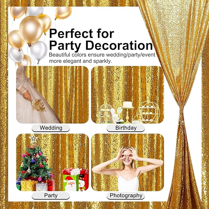 Gold Sequin Backdrop Curtains Glitter Drapes 2FTx8FT 4 Panels for Wedding Birthday Party Decorations Bridal Baby Shower Party Supplies Sparkly Photography Background
