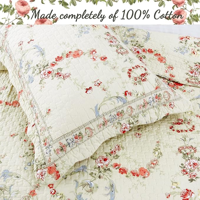 Cozy Line Home Fashions Khaki Cream Yellow Floral Blooming 100% Cotton Reversible Quilt Bedding Set Coverlet Bedspread (Rose Romance, Queen - 3 Piece)