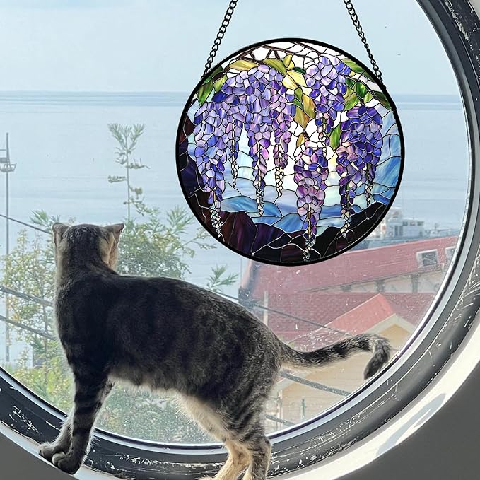 Stained Glass Window Hanging, Purple Wisteria Flowers Suncatcher for Doors Window Home Plant Sun Catchers Decoration Mother's Day Birthday Gifts for Women, Men, and Mom 9.8x9.8 in