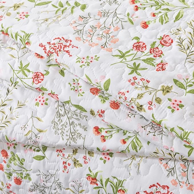 Travan 3-Piece Quilt Set Quilted Bedspread Lightweight Coverlet Set Garden Style Floral Printed Oversized Quilted Bedding Set with Shams for All Season, Flower Sea, Queen Size
