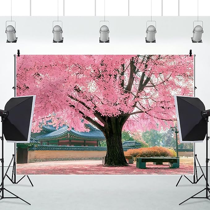 Renaiss 10x7ft Pink Cherry Blossom Backdrop Polyester Fabric Japan Cherry Floral Tree Landscape Palace Asian Themed Party Photography Background Wedding Birthday Party Decor Photo Booth Props