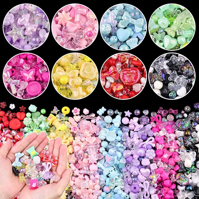 Assorted 500-550PCS 8 Colors Mixed Acrylic Beads for Bracelet Making, Flower Bow GummyBear Bracelet Bead,Cute Beads for Jewelry Making DIY Necklace Keychain Phone Charm Christmas Gift