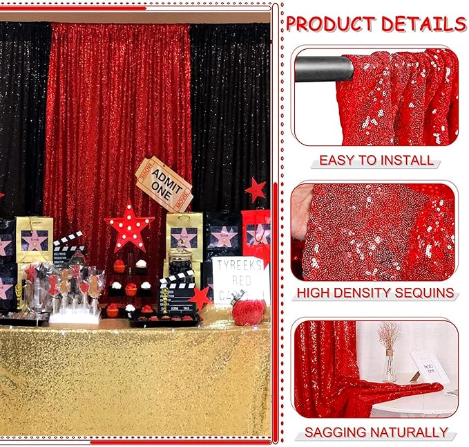 Red Sequin Backdrop Curtain 10FTx10FT 1 Panel Stage Sparkly Photography Background Drapes for Wedding Birthday Bridal Party Sparkle Background Party Decor