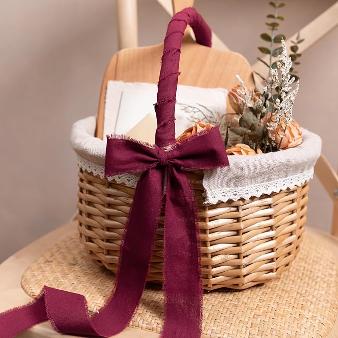 Burgundy Ribbon 1-1/2 x 15 Yards Handmade Cotton Frayed Fringe Fabric Ribbons for Crafts Flower Bouquets Wedding Baby Shower Home DIY Decor
