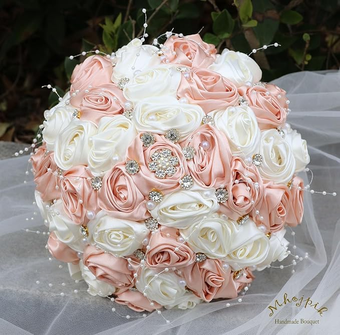 Bridal Wedding Bouquet Round Bling Brooch Bouquet Throw Toss Artificial Rose Flower Bunch for Bride Bridesmaid Wedding Quinceanera(Peach Pink & Ivory, 8.7")