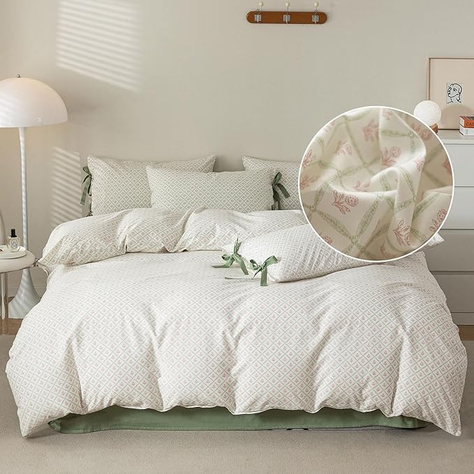 LifeTB Full Comforter Set Pink Flower Comforter with 2 Bowknot Pillowcases Chic Plaid Grid Prints Floral Bedding Comforter Boho Farmhouse Bedding Set French Country Style Botanical Comforter Set