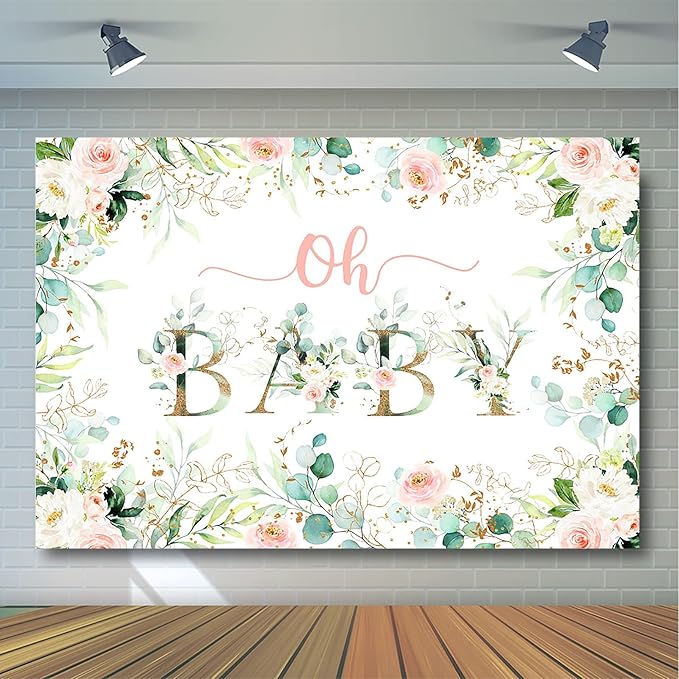 Avezano Greenery Girl Oh Baby Backdrop for Baby Shower Decoration Photography Background Blush Pink and Gold Floral Eucalyptus Greenery Leaves Baby Girl's Shower Party Photoshoot (10x7ft)