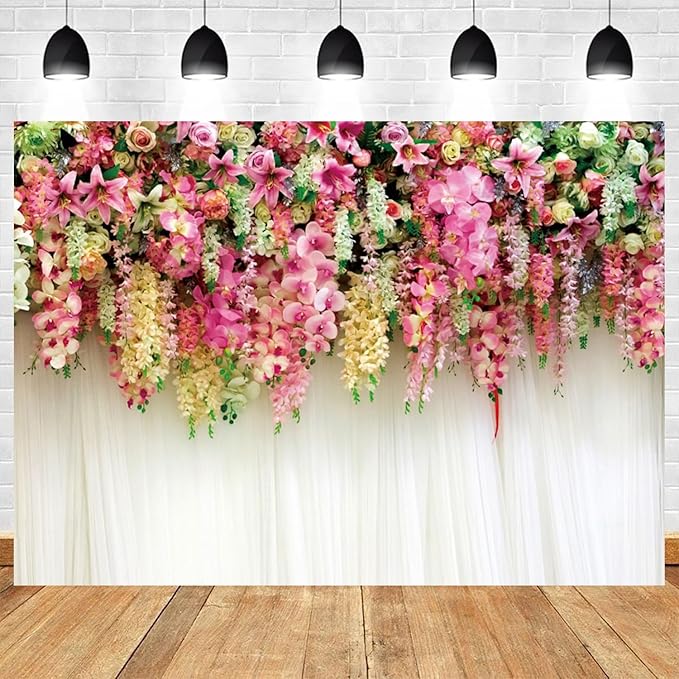 15x8ft Pink Floral Backdrop White Curtain Wedding Reception Photography Background Colorful Flowers Anniversary Bridal Shower Decorations Birthday Party Baby Shower Portrait Photo Booth Prop