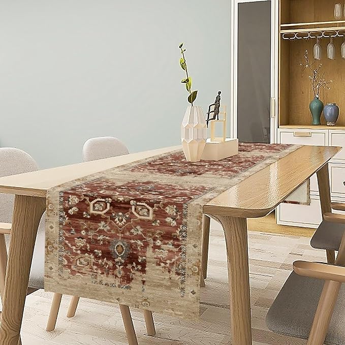 Vintage Persian Table Runner, Boho Ornate Medallion Rust Flower Oriental Style Table Runner for Kitchen Dining Indoor Outdoor Home Party Decor, 13x60 Inch