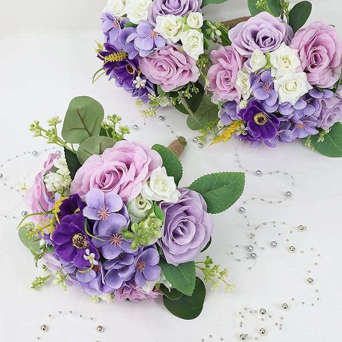 Bridesmaid Bouquets for Wedding - 7 Inch Artificial Flowers Bouquets for Ceremony Anniversary Centerpieces Decorations - Lilac & White