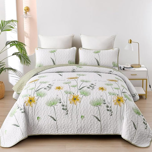 Dinjoy Quilt Set Full Size Yellow Green, Floral Bedspreads 3 Pieces Reversible Quilts Bedding Set Microfiber Lightweight Bedspread Coverlet Farmhouse Set for Women Girls 78"x90"