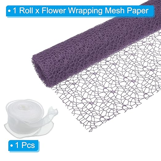 PATIKIL Flower Wrapping Mesh Paper, 15ft Floral Bouquet Craft Packaging Hollow Net Yarn with Ribbon for Flowers Gift Packaging, Maroon