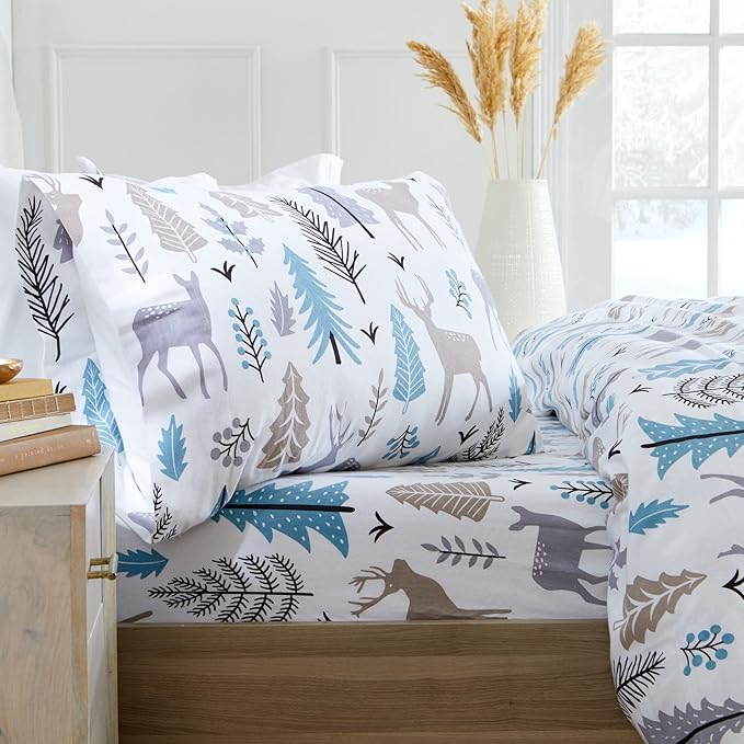 Market & Place 100% Turkish Cotton Flannel Sheet Set | 4 Piece Deep Pocket Novelty Cozy Winter Bed Sheets | Double Brushed for Extra Softness & Comfort | Alpine Collection (King, Holiday Deer)