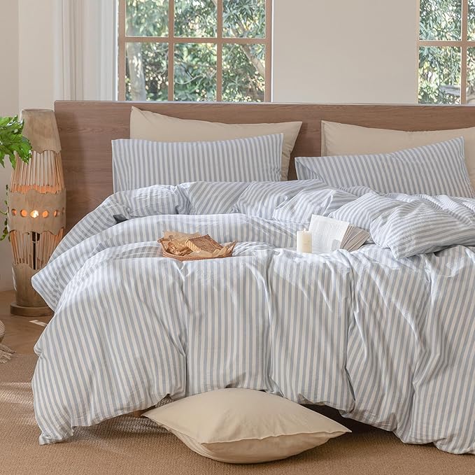 MooMee Striped Duvet Cover Set 100% Washed Cotton Linen Like Textured Breathable Durable Soft Comfy (Cornflower Blue White Classic Stripes, Oversized King Plus 128"x120")