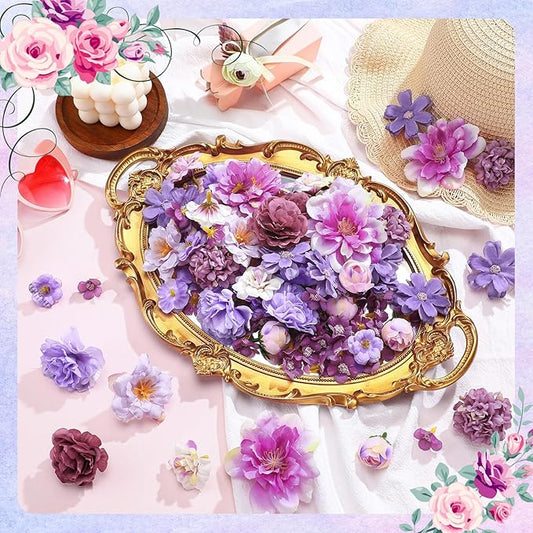 Geosar 120 Pcs Small Flowers for Crafts Mini Faux Flowers Artificial Silk Fabric Floral Arrangement Decor for DIY Wreath Bouquets Wedding Shower Home Decor(Purple,Coquette Style)