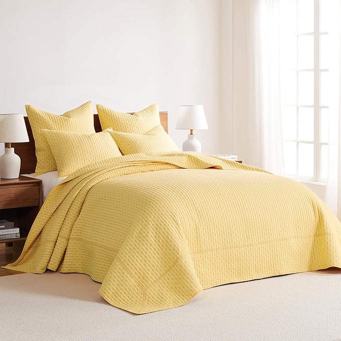 Levtex Home Cross Stitch Reversible King Bedspread Set (120x104in) with 2 Pillow Shams (36x20in) - Stitch Texture - Yellow - Cotton King Size Bedspread Set - Soft, Pre-Washed