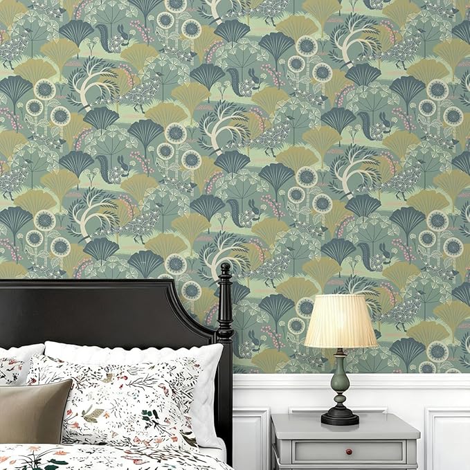 Wudnaye Green Floral Peel and Stick Wallpaper Vintage Contact Paper for Cabinets 17.7inch×118.1inch Neutral Peacock Removable Wallpaper Self Adhesive Boho Wall Paper for Bedroom Cabinet Decor Vinyl