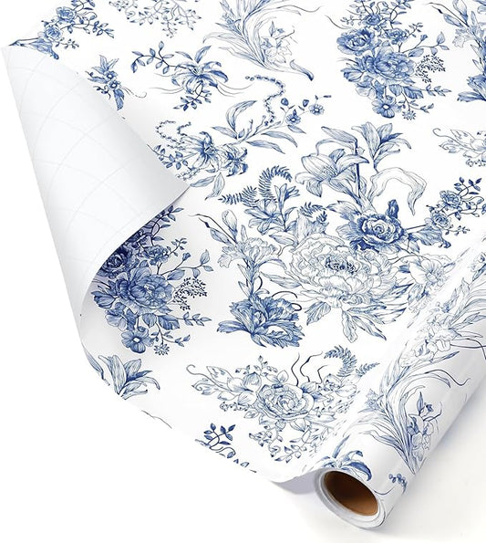 WERNNSAI Flower Gift Wrapping Paper Roll - 1 Roll 17”x 33 ft Bouquet Wrapping Paper Blue Floral Wrapping Paper for Girls Birthday Party Women Wedding Gift Wrap Supply