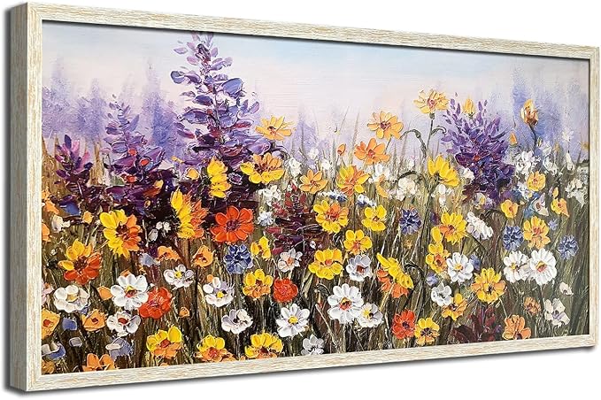 Ardemy Wildflower Wall Art Canvas Living Room Framed Daisy Floral Large Colorful Pictures Wall Decor Textured Purple Paintings Artwork for Walls Bedroom Home Office, 40"x20"
