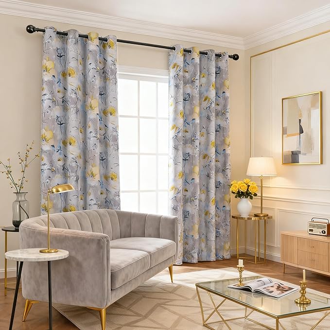 MYSKY HOME Floral Curtains 84 inches Length 2 Panels, Yellow and Grey Curtains for Living Room/Bedroom, Thermal Insulated Light Blocking Grommet VintageDrapes for Dining Room, 52 x 84 Inch,