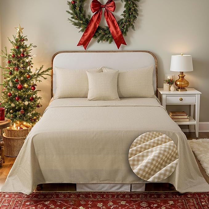 FADFAY Brown Plaid Full Size Sheets 100% Cotton Geometric Checker Bedding Teens Grid White Gingham Pattern College Bedding Deep Pocket Sheets with 2 Pillowcases Ultra Soft 4pcs, Full Size