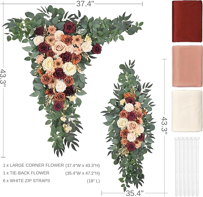 Wedding Arch Flowers Kit Pack of 5, 2pcs Large Artificial Terracotta & Burgundy Floral Swag and 3pcs Draping Fabric for Wedding Ceremony Arbor Reception Backdrop Decoration