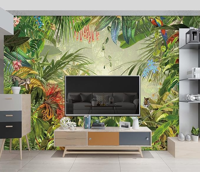 Tropical Botanical Animal Floral Bird Wallpaper Woodland Forest Tree Nursery Kids Bedroom Plant murals Living Room tv Background Large Wall Mural - 160"x108" Not Peel and Stick