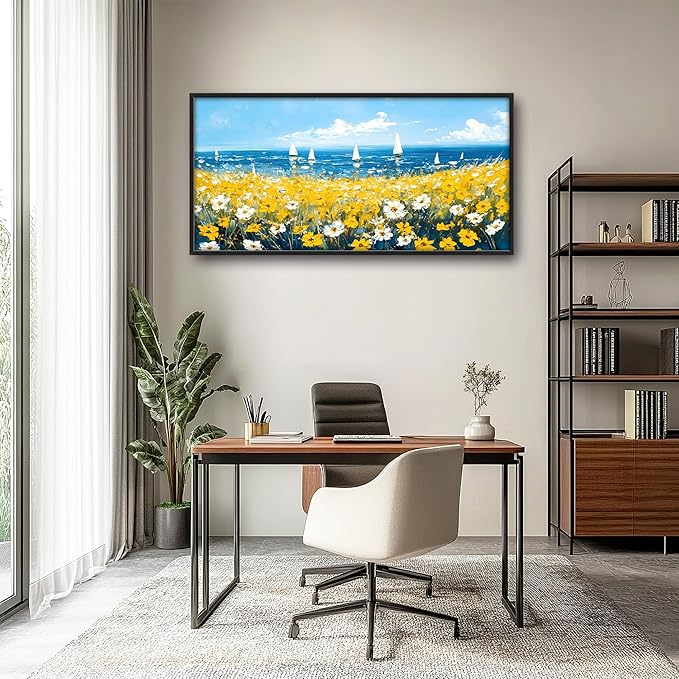 Coastal Flowers Large Wall Art Framed Blue Wall Decor for Living Room Ocean Sailboat Pictures Oversized Canvas Print Painting Modern Extra Large Framed Artwork for Bedroom Office 60"x30"