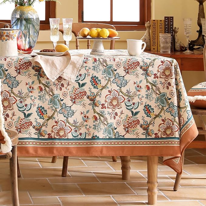 Linen Colorful Floral Rectangle Tablecloth,Vintage Indian Colorfast Block Print Extra Long Table Cloth,Decor Table Cover for Kitchen,Dining,Thanksgiving,Christmas,63"*110"-Mangala