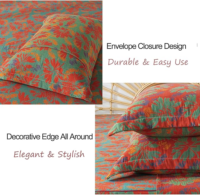 FADFAY Floral Sheets Set King Vintage Red Green Floral Bedding Shabby Maple Leaf Farmhouse Bedding Super Soft Washed Double -Layer Muslin Sheets 100% Cotton Deep Pocket Fitted Sheet 4Pcs, King Size